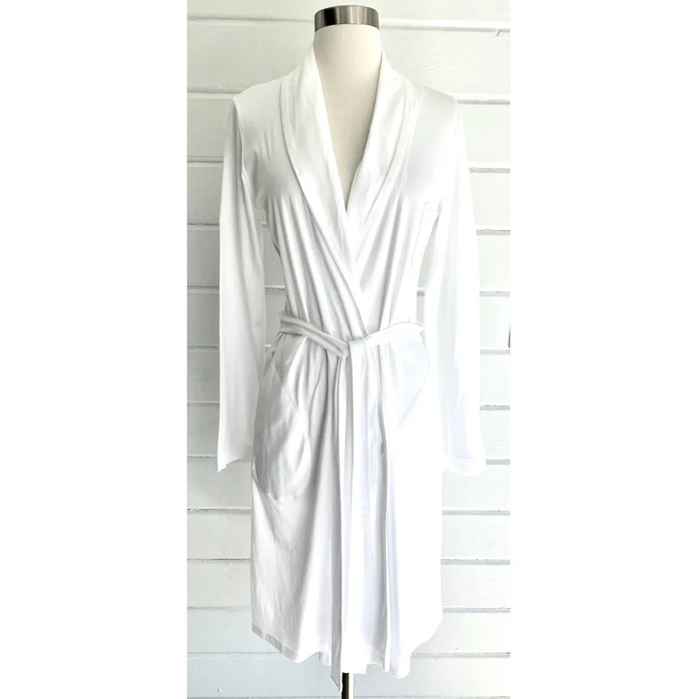 HANRO 100% Mercerized Cotton Shawl Collar Wrap Robe w/Lace Pocket Detail - XS